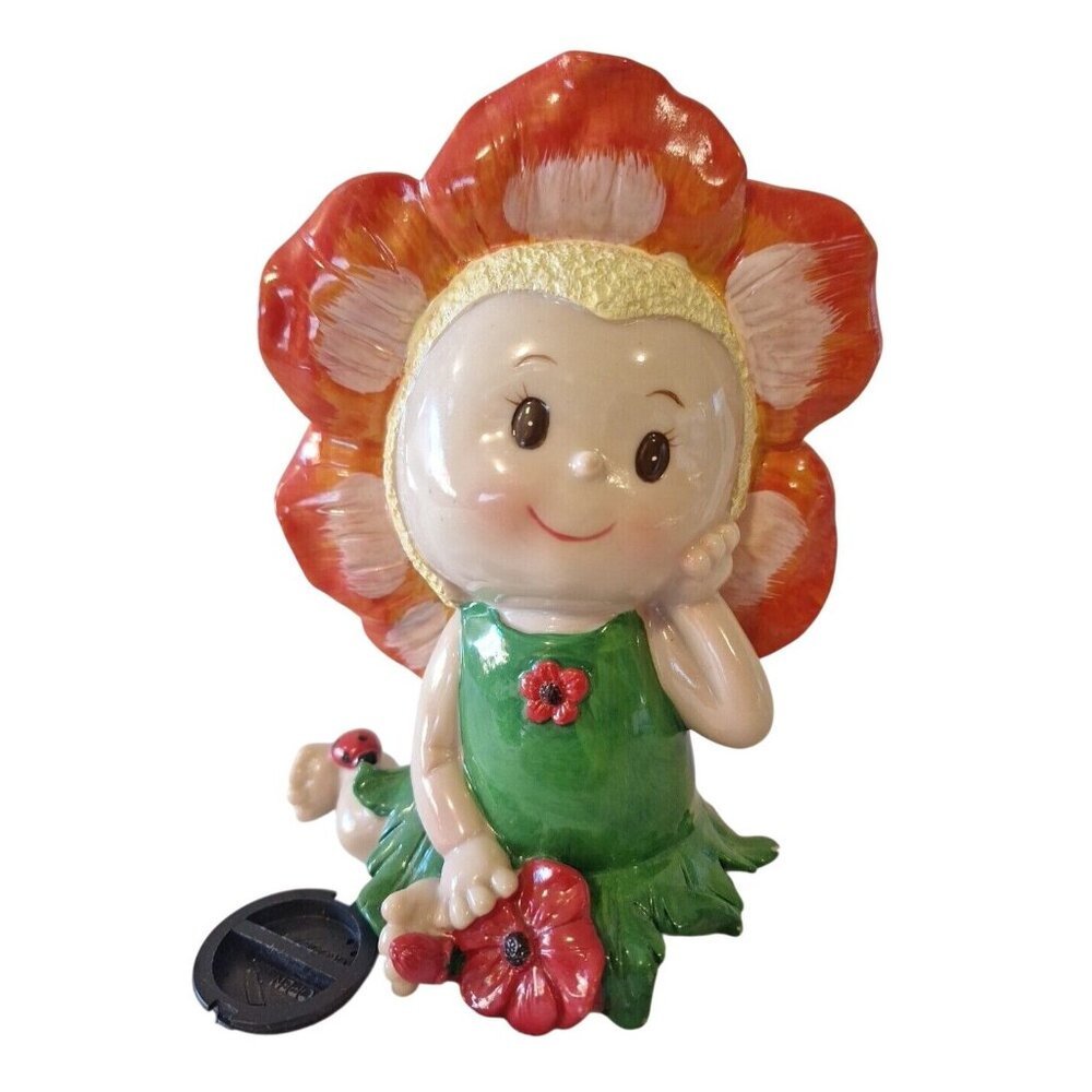 Flower Girl Fairy King Max Piggy Bank Ceramic 6 3/4" Orange Red Green